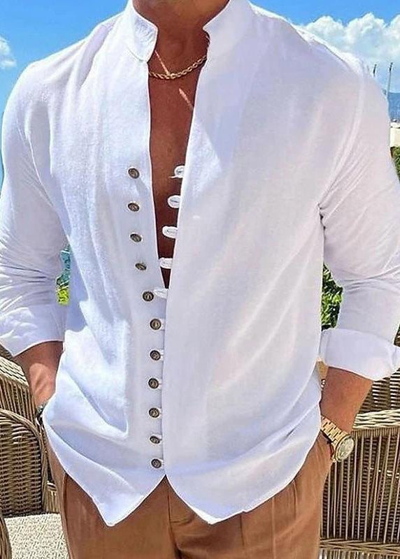 Stand Collar Khaki Simple Cotton Fall Men's Shirts Solid Button