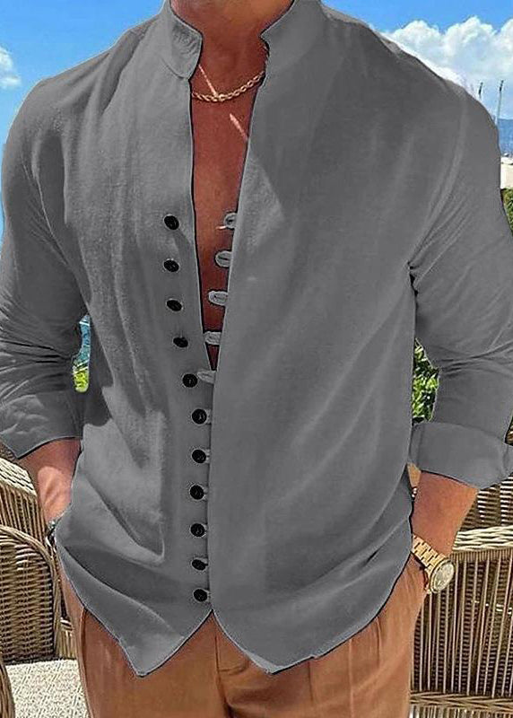 Stand Collar Khaki Simple Cotton Fall Men's Shirts Solid Button