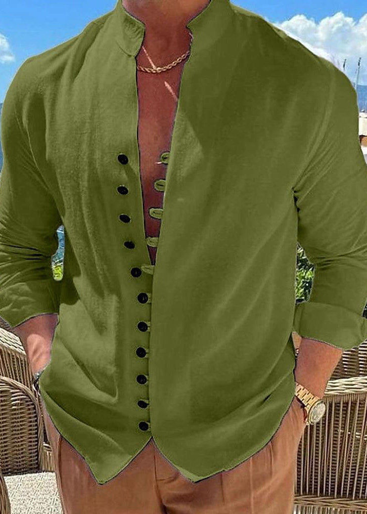 Stand Collar Khaki Simple Cotton Fall Men's Shirts Solid Button