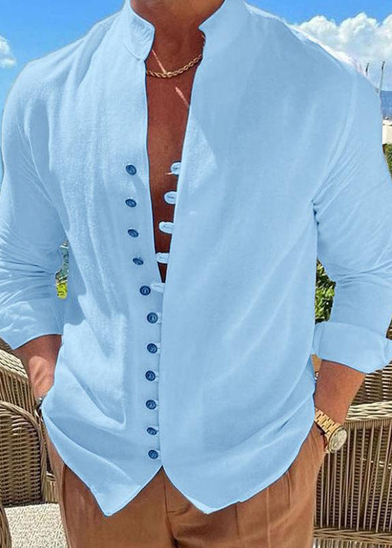 Stand Collar Khaki Simple Cotton Fall Men's Shirts Solid Button