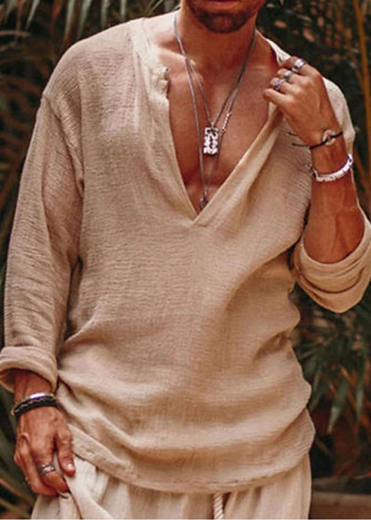 Neck Shirts Linen V Simple Solid Khaki Fall Mens Loose