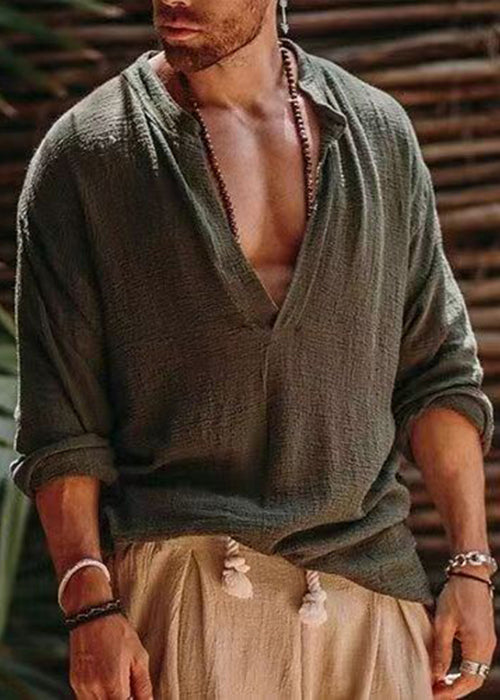 Neck Shirts Linen V Simple Solid Khaki Fall Mens Loose