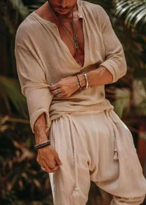 Neck Shirts Linen V Simple Solid Khaki Fall Mens Loose