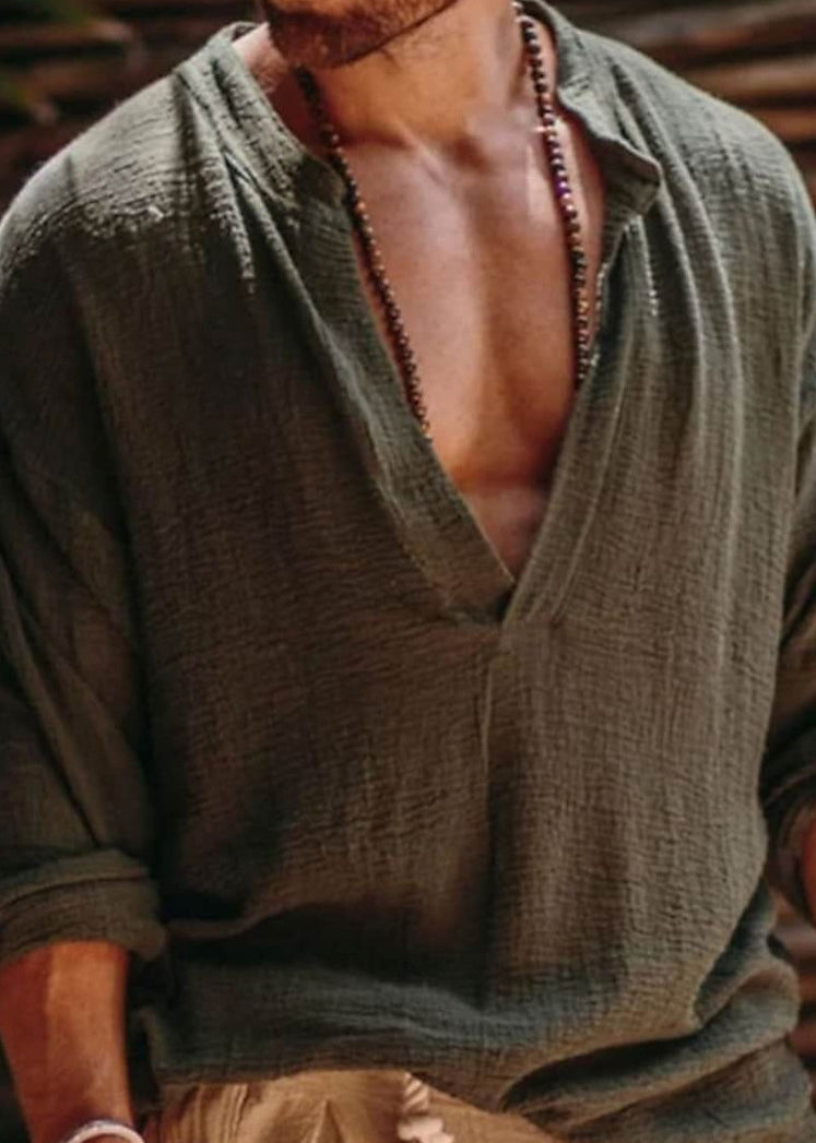 Neck Shirts Linen V Simple Solid Khaki Fall Mens Loose