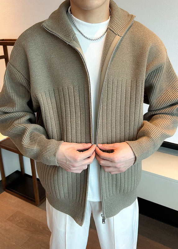 Khaki Mens Coats Up Cozy Simple Knit Zip Spring