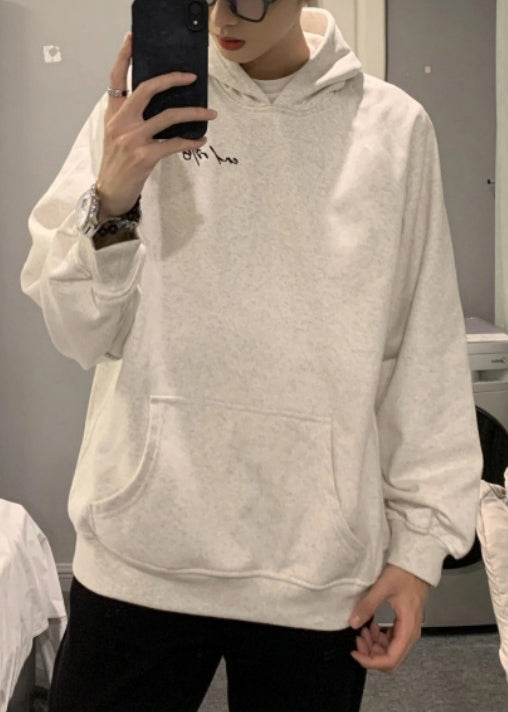 Simple Light Grey Hooded Pockets Cotton Men Sweatshirt Spring YQ021