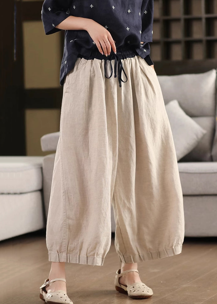Waist Linen Leg Simple Pockets Summer Pants Elastic Wide