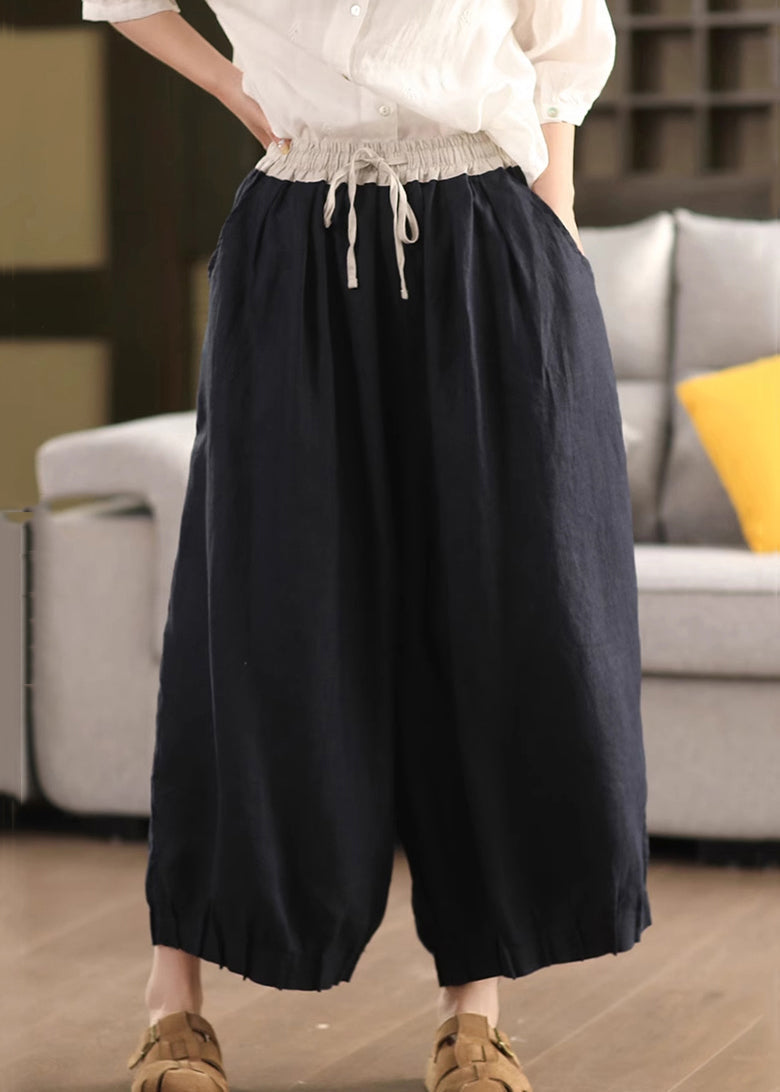 Waist Linen Leg Simple Pockets Summer Pants Elastic Wide