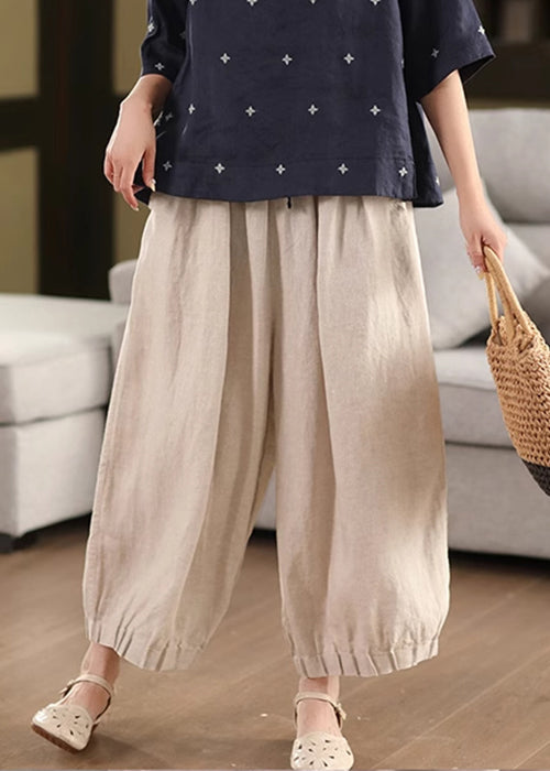 Waist Linen Leg Simple Pockets Summer Pants Elastic Wide