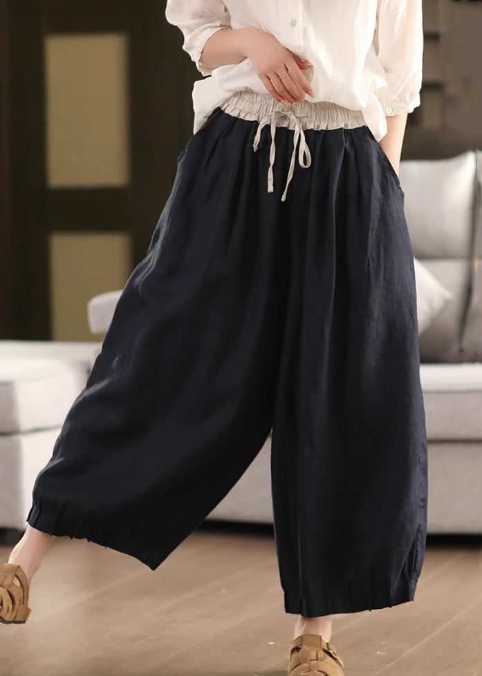 Waist Linen Leg Simple Pockets Summer Pants Elastic Wide