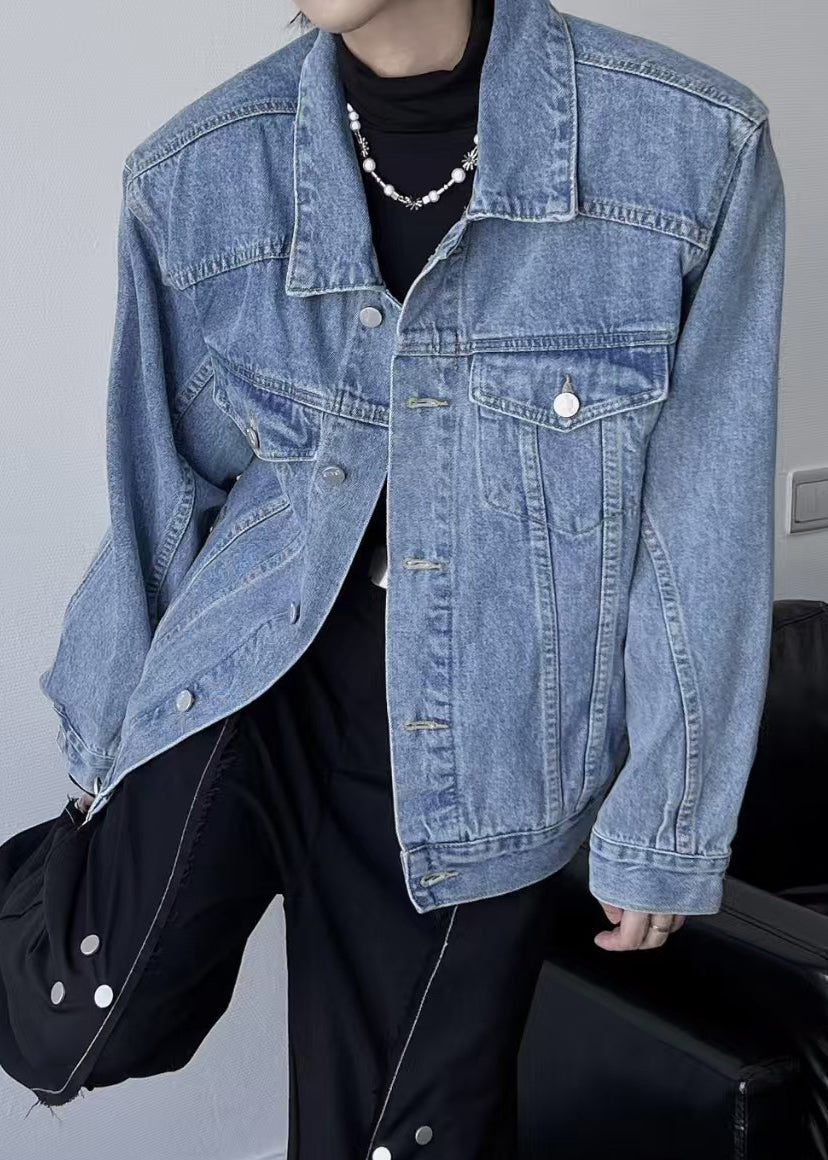 Simple Navy Peter Pan Collar Button Denim Mens Coats Spring TC038