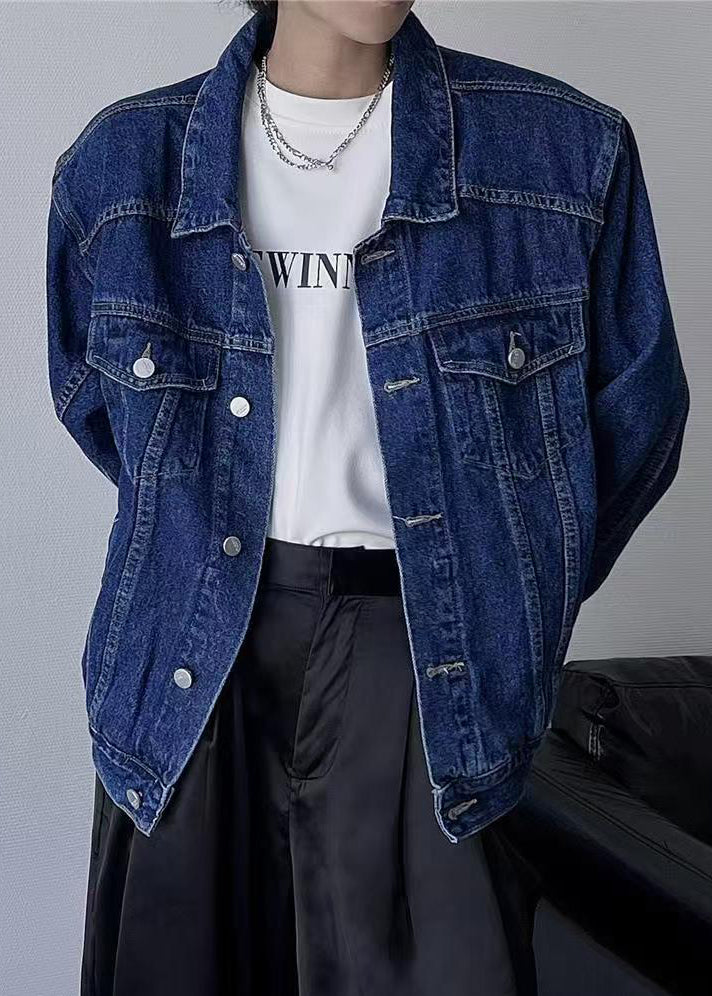 Simple Navy Peter Pan Collar Button Denim Mens Coats Spring TC038