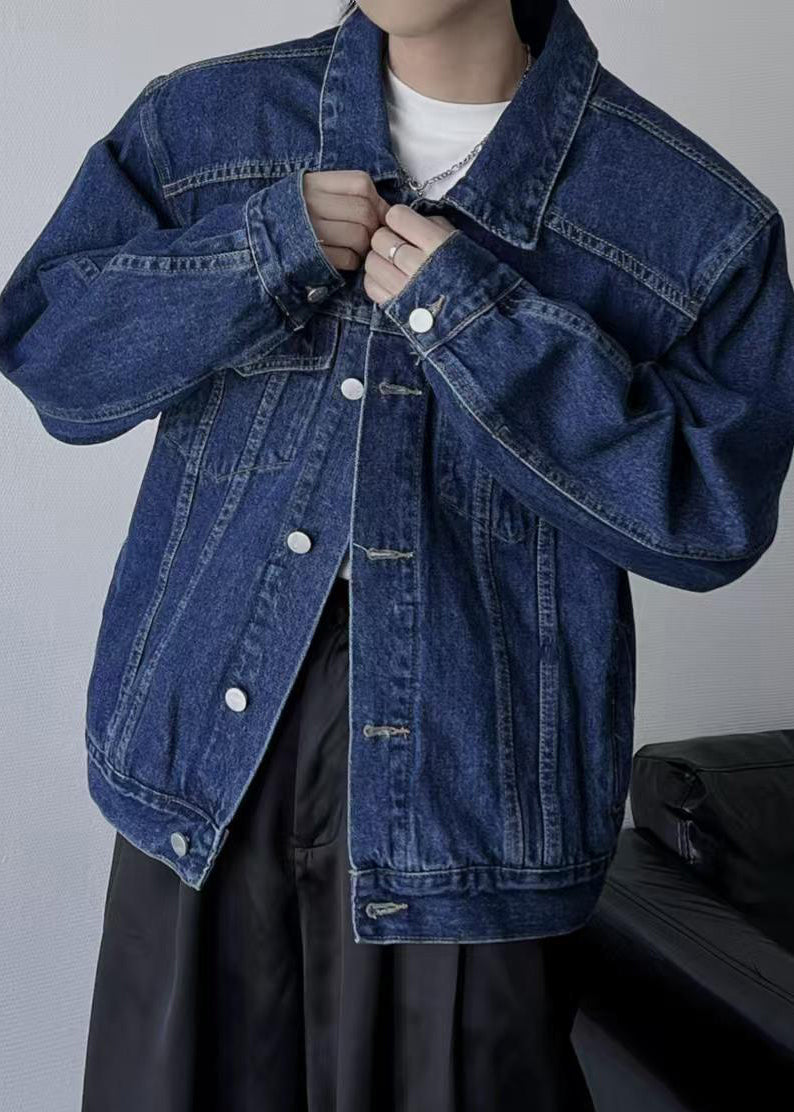 Simple Navy Peter Pan Collar Button Denim Mens Coats Spring TC038