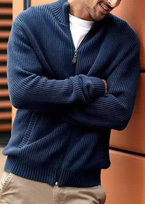 Knit Men Zip Spring Simple Navy Up Pockets Cardigan