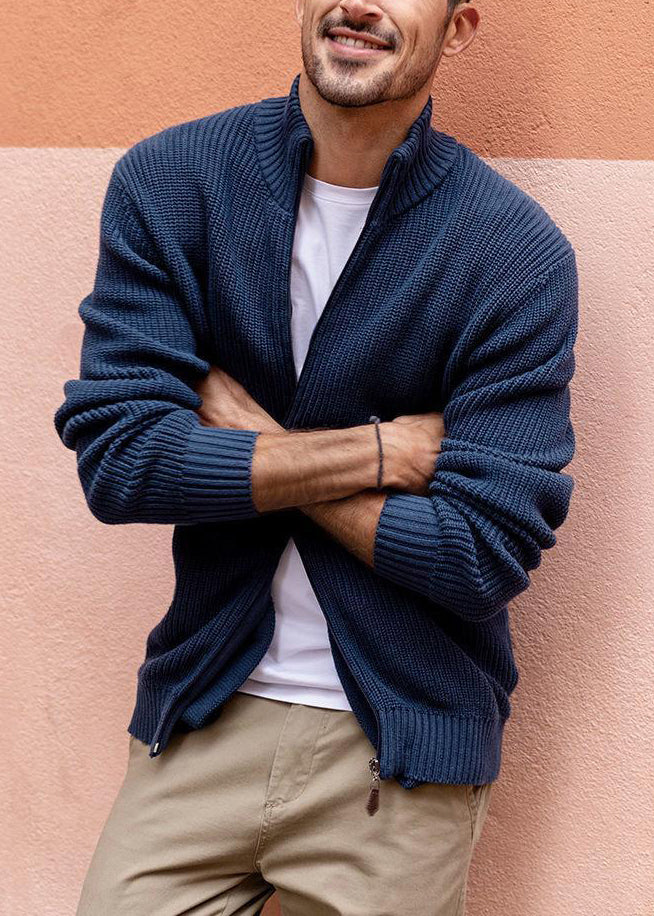 Knit Men Zip Spring Simple Navy Up Pockets Cardigan