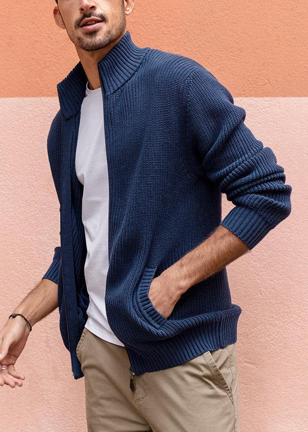 Knit Men Zip Spring Simple Navy Up Pockets Cardigan