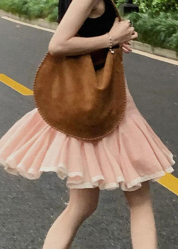 Lace Patchwork A Skirt Summer Pink Simple Line