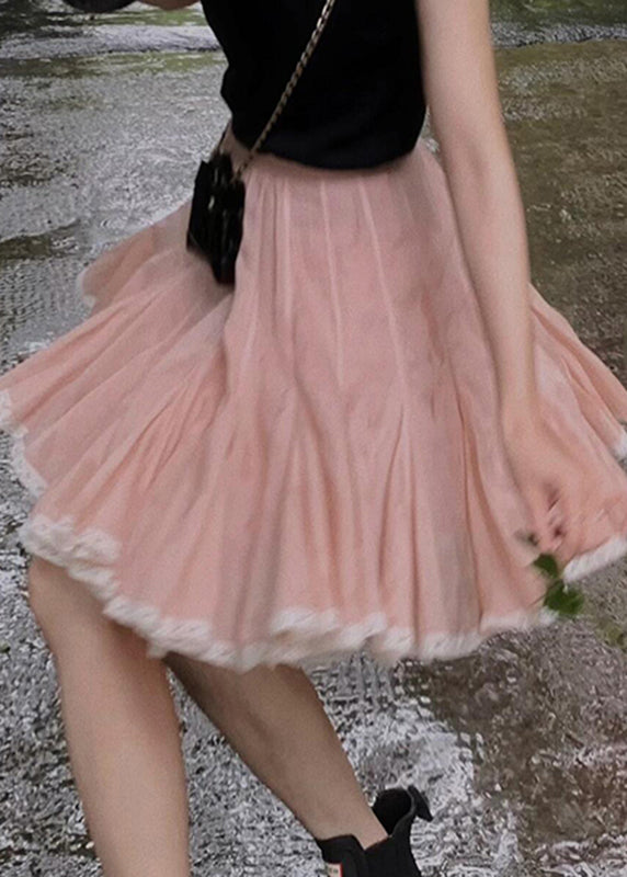 Lace Patchwork A Skirt Summer Pink Simple Line