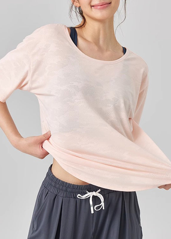 Yoga Sleeve Top Simple Short Pink O-Neck