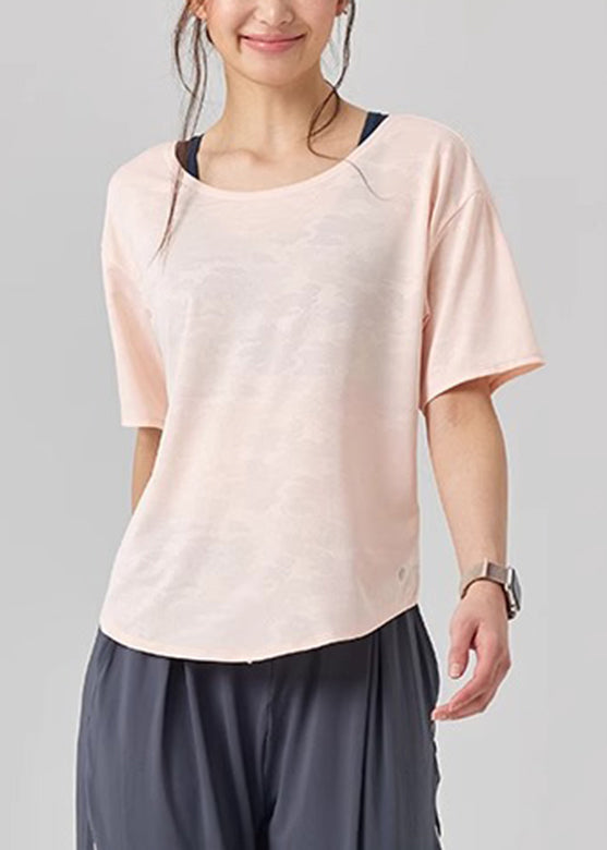 Yoga Sleeve Top Simple Short Pink O-Neck