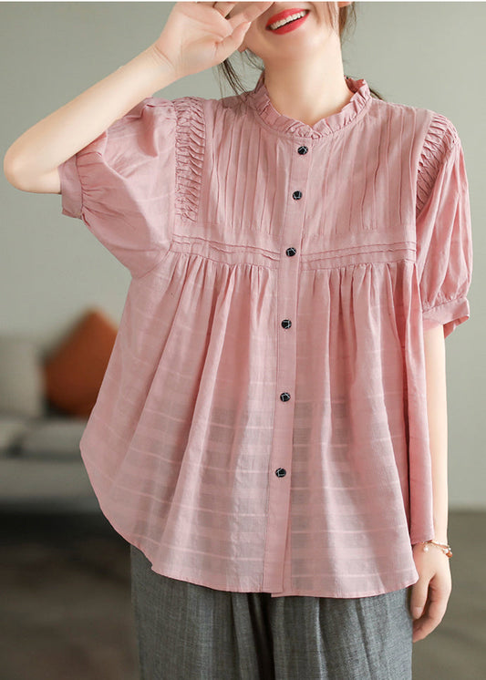 Wrinkled Summer Simple Blouse Cotton Oversized Pink Top