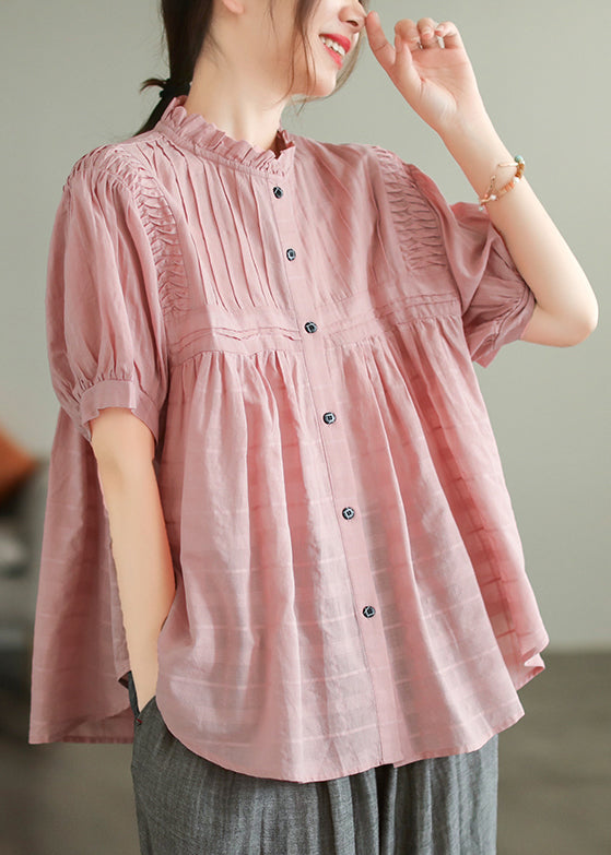 Wrinkled Summer Simple Blouse Cotton Oversized Pink Top