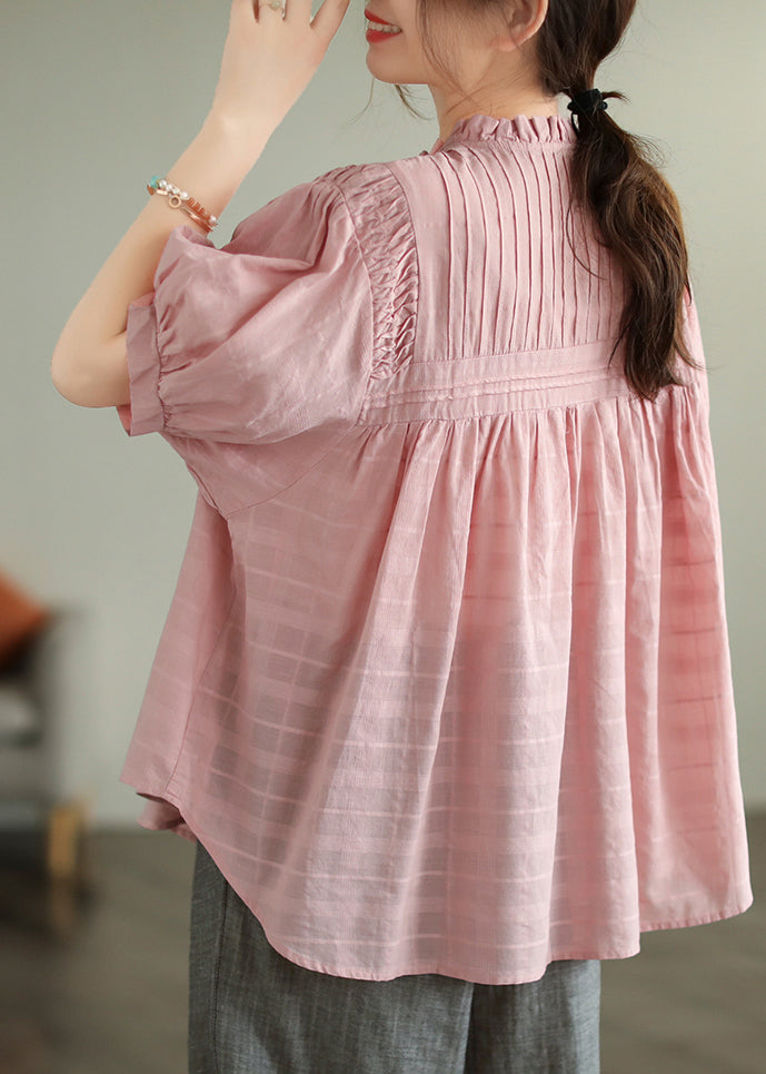 Wrinkled Summer Simple Blouse Cotton Oversized Pink Top