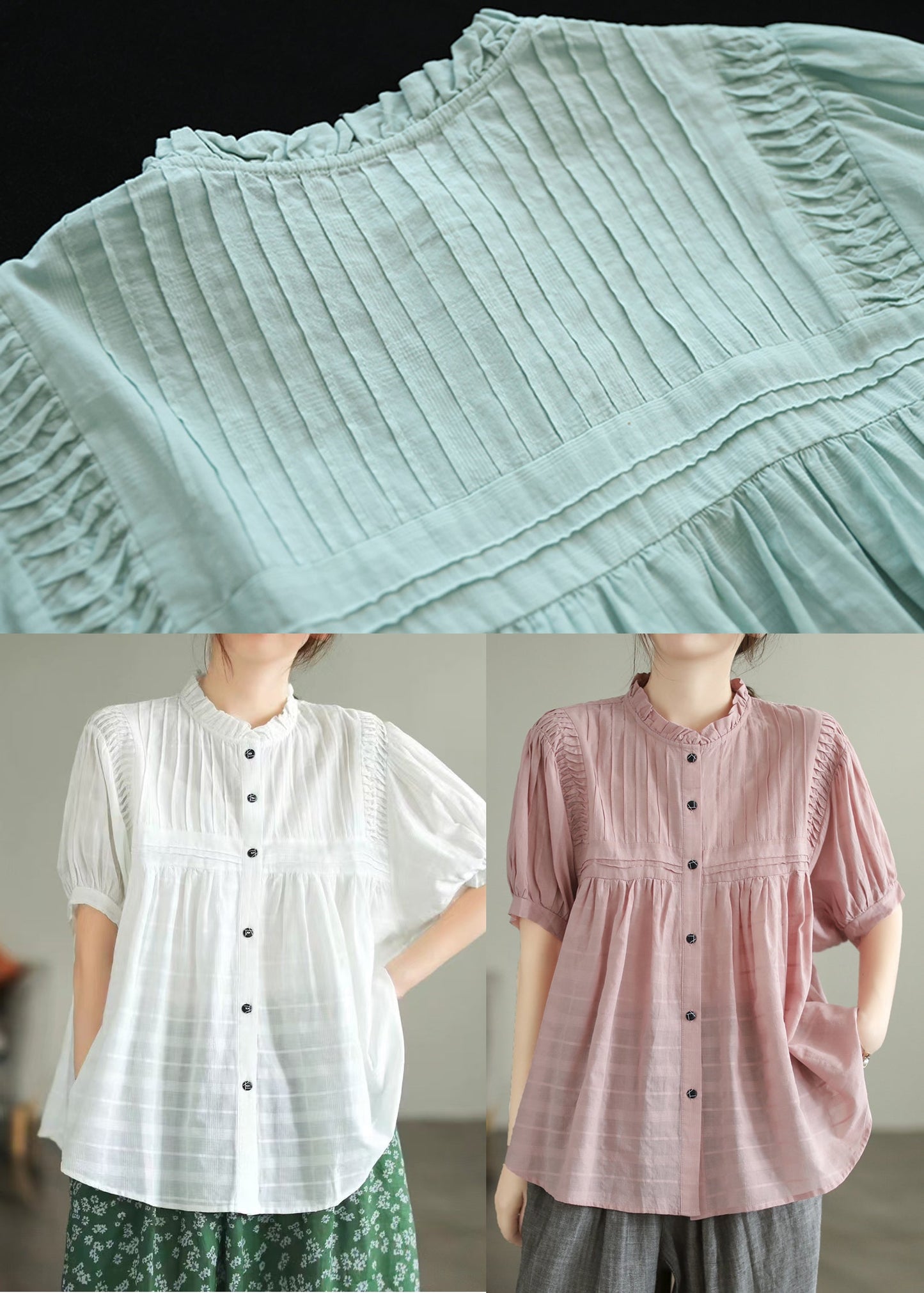Wrinkled Summer Simple Blouse Cotton Oversized Pink Top