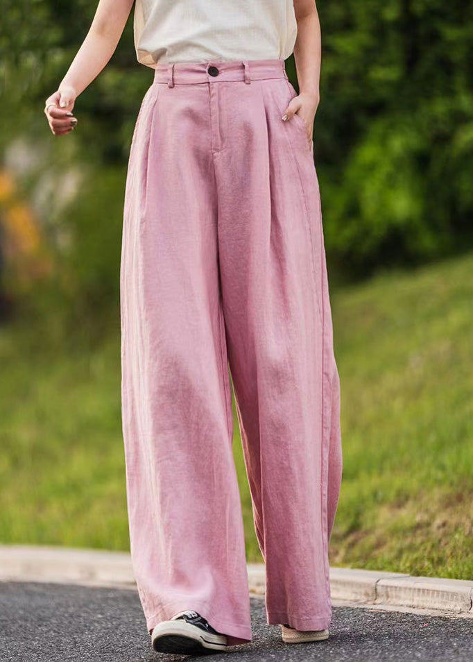 High Simple Straight Linen Summer Pockets Pink Waist Pants