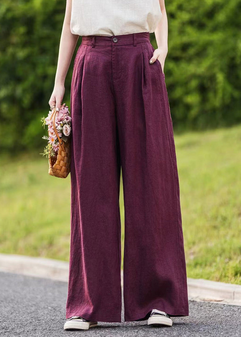 High Simple Straight Linen Summer Pockets Pink Waist Pants