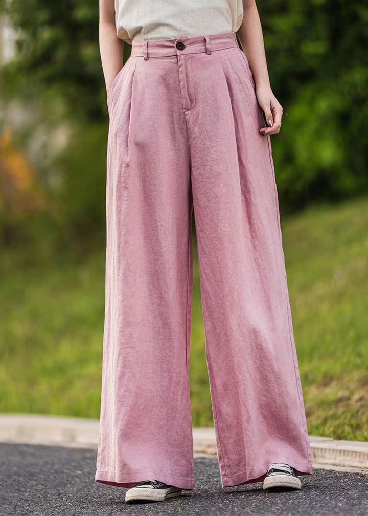 High Simple Straight Linen Summer Pockets Pink Waist Pants