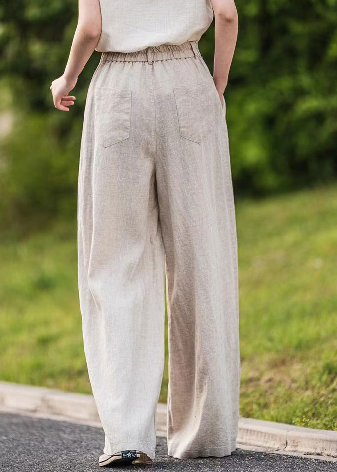 High Simple Straight Linen Summer Pockets Pink Waist Pants