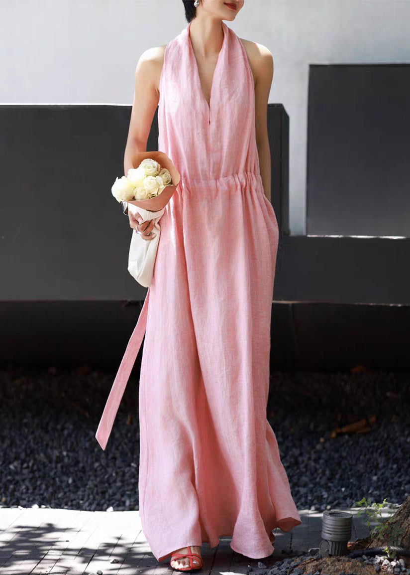 Tie Pockets Long Pink Waist Simple Linen Dresses Sleeveless
