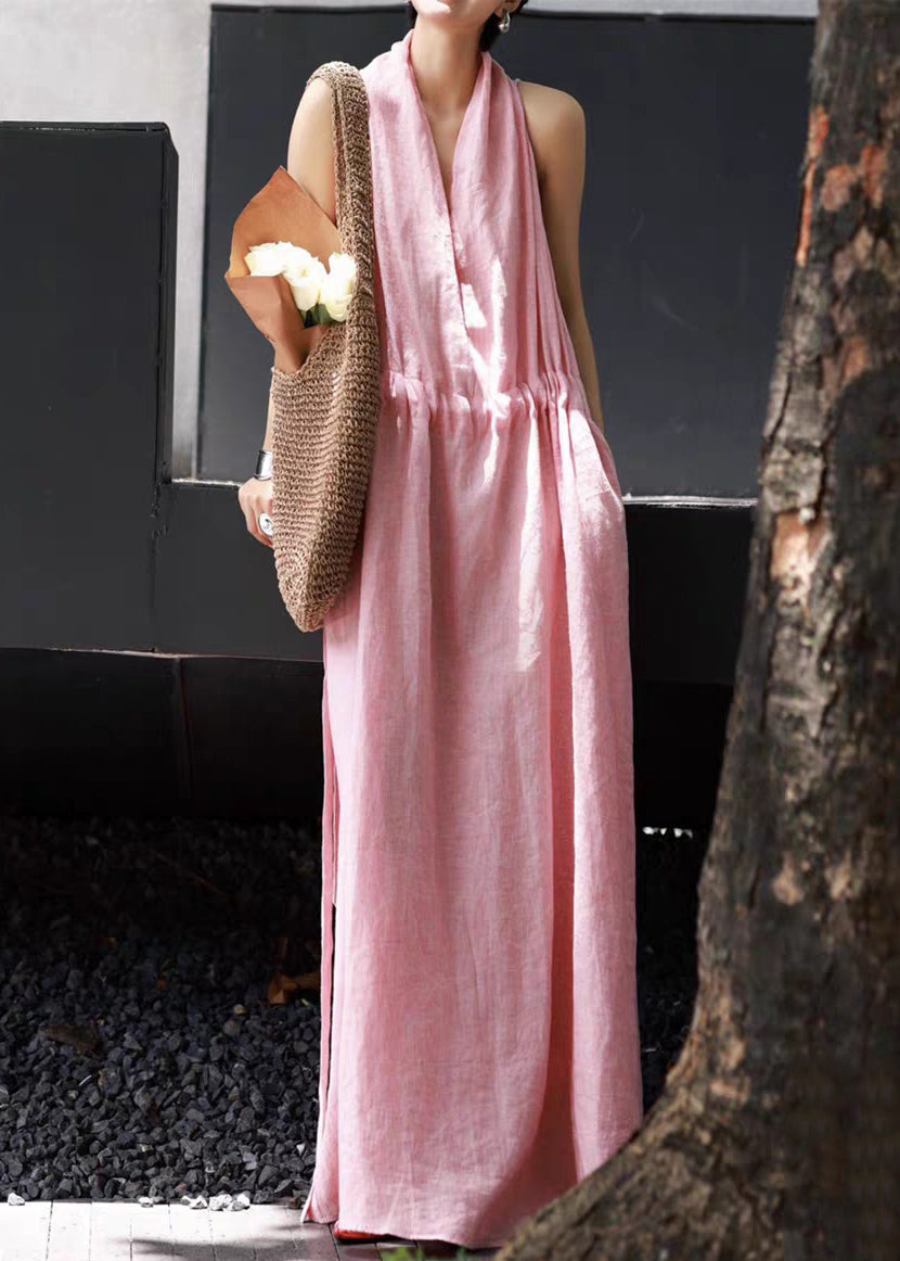 Tie Pockets Long Pink Waist Simple Linen Dresses Sleeveless