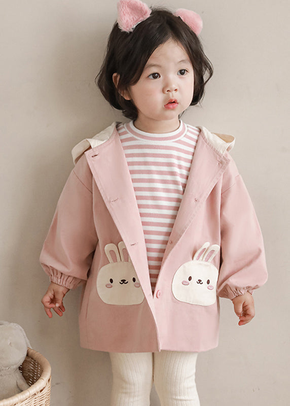 Simple Pink Print Button Girls Hooded Coat Fall QV034