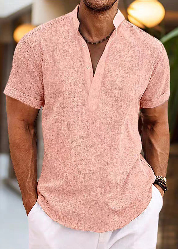 Collar Simple Summer Stand Mens Shirt Button Cotton Pink