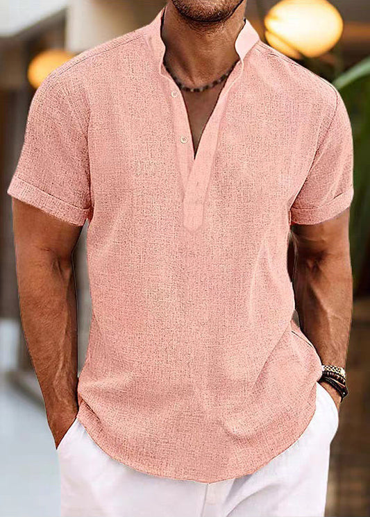 Collar Simple Summer Stand Mens Shirt Button Cotton Pink
