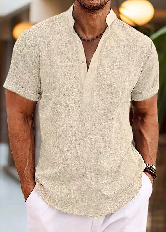 Collar Simple Summer Stand Mens Shirt Button Cotton Pink