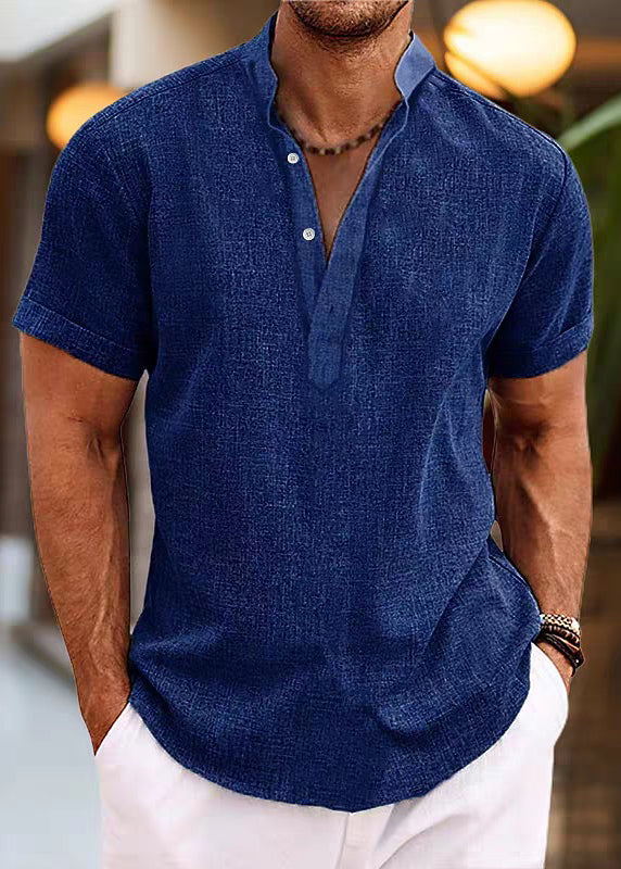 Collar Simple Summer Stand Mens Shirt Button Cotton Pink