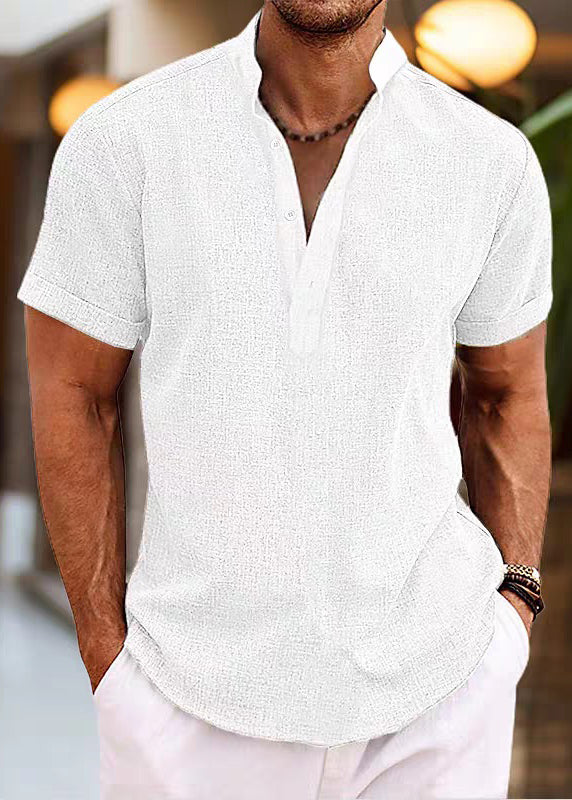 Collar Simple Summer Stand Mens Shirt Button Cotton Pink