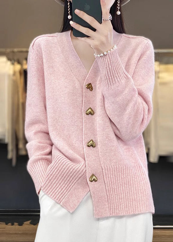 Spring Cozy V Knit Neck Pink Button Simple Coat