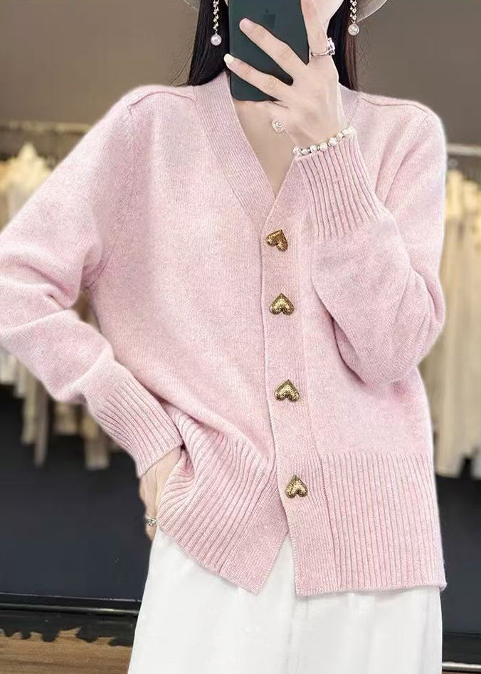 Spring Cozy V Knit Neck Pink Button Simple Coat