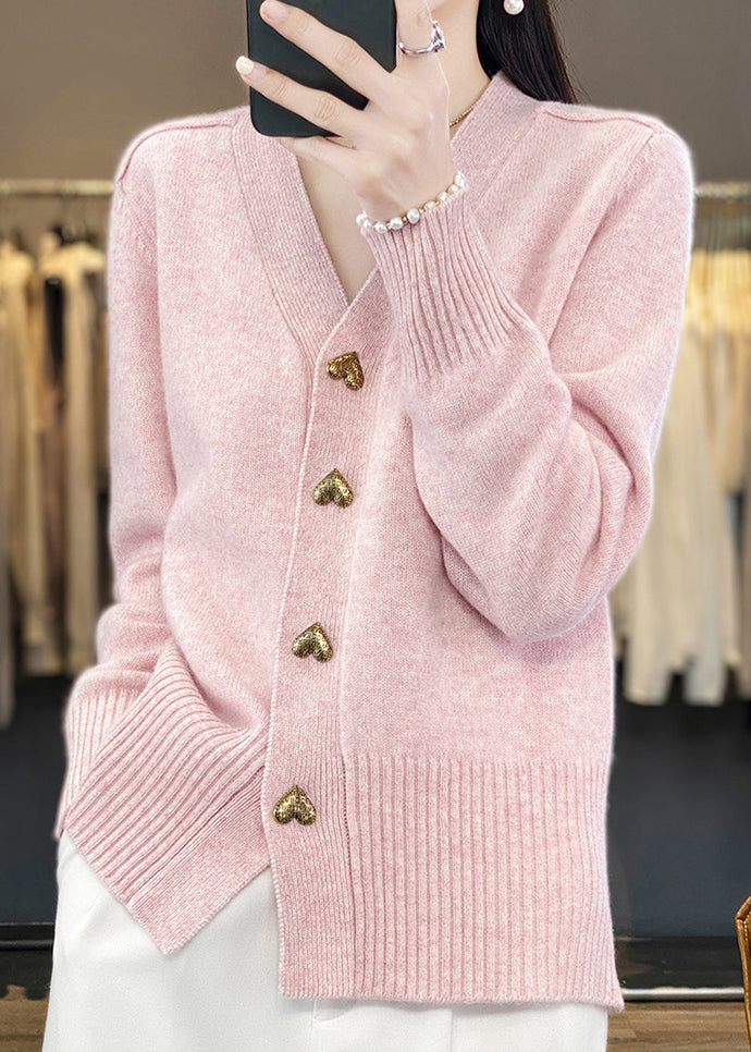 Spring Cozy V Knit Neck Pink Button Simple Coat