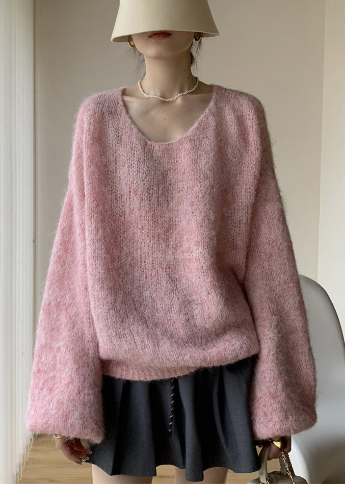 Simple Pink V Neck Cozy Cotton Knit Sweaters Winter WY021