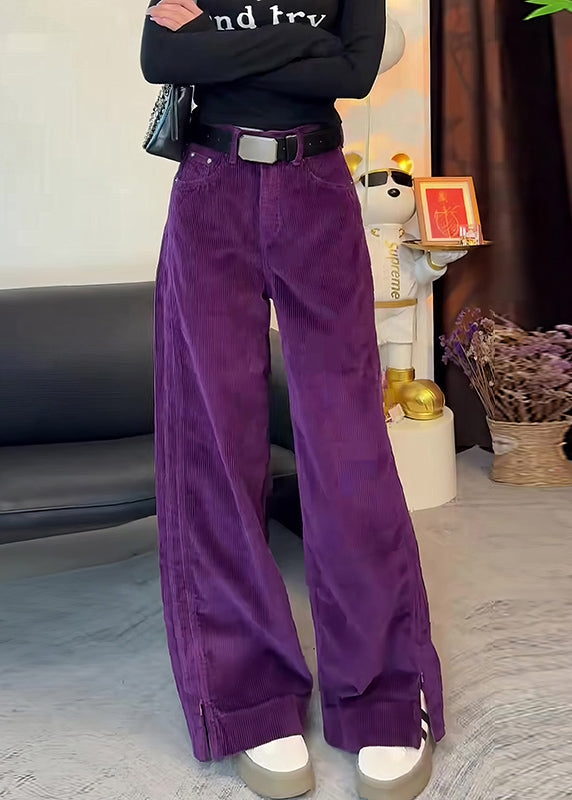 Simple Purple High Waist Side Open Corduroy Straight Pants Spring YH017