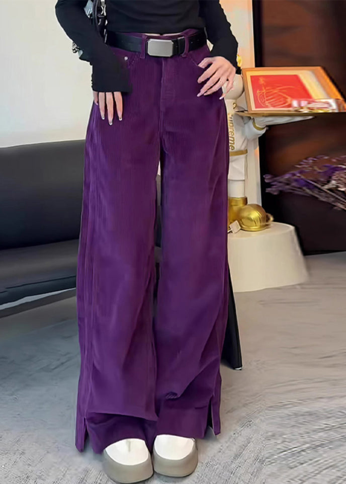 Simple Purple High Waist Side Open Corduroy Straight Pants Spring YH017