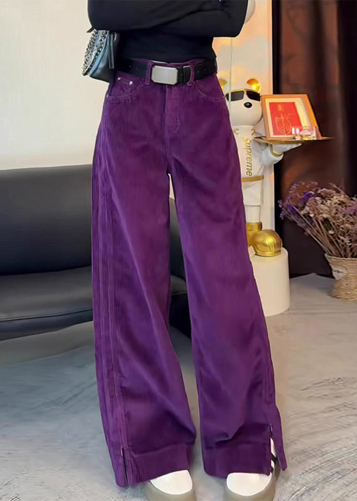 Simple Purple High Waist Side Open Corduroy Straight Pants Spring YH017