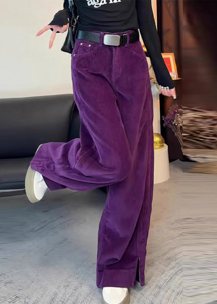 Simple Purple High Waist Side Open Corduroy Straight Pants Spring YH017