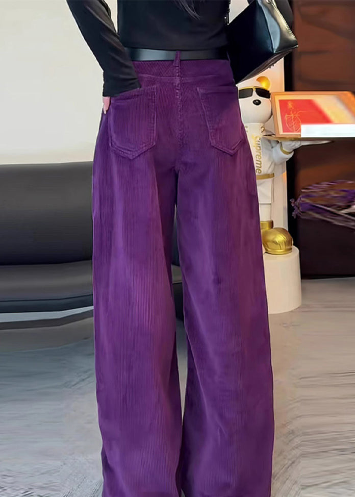 Simple Purple High Waist Side Open Corduroy Straight Pants Spring YH017