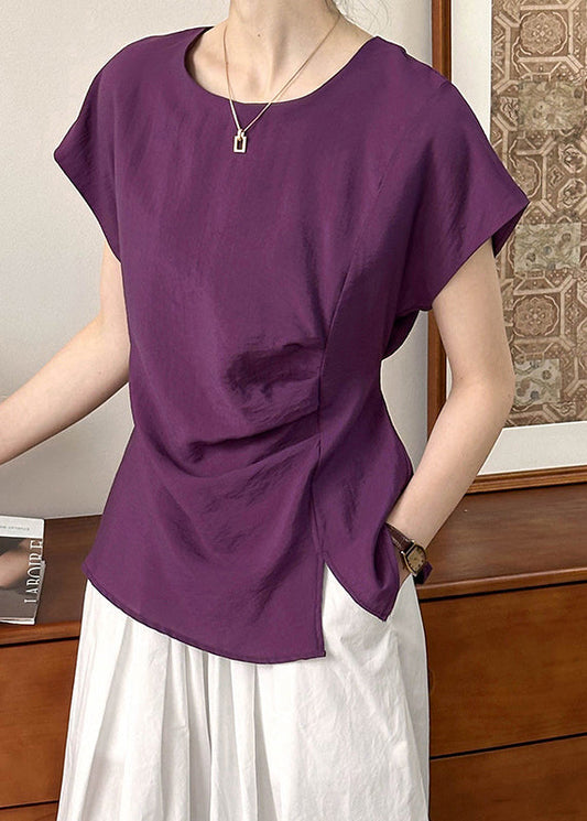 Simple Purple O Neck Front Open CottonTops Short Sleeve